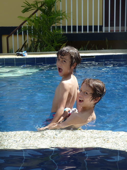 Tai & Spike enjoying the pool at The Blue Lagoon hotel in Puerto Princesa